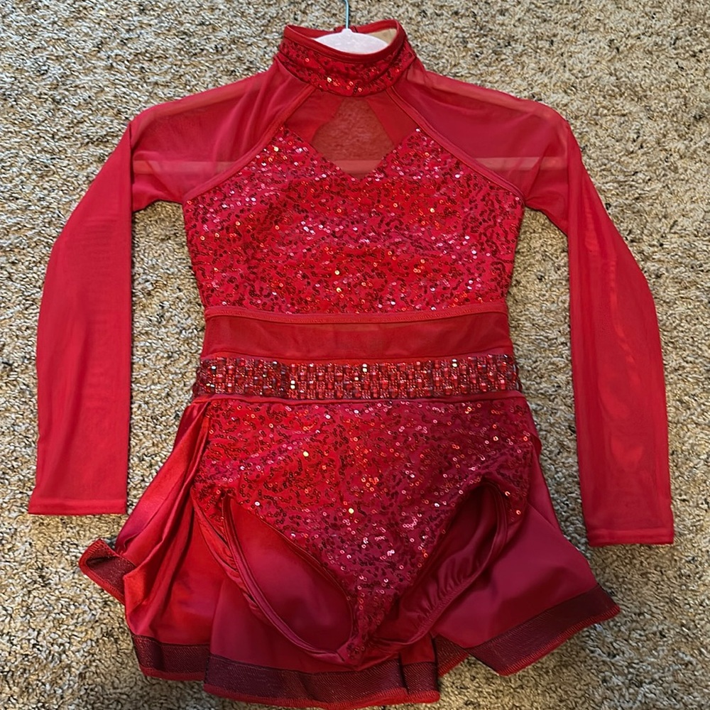 Red sequin girls dance costume. Weismann size MC.